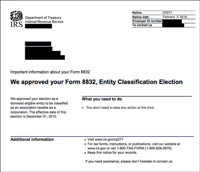 IRS Notice CP277 Form 8832 Approval LLC taxed as C-Corporation
