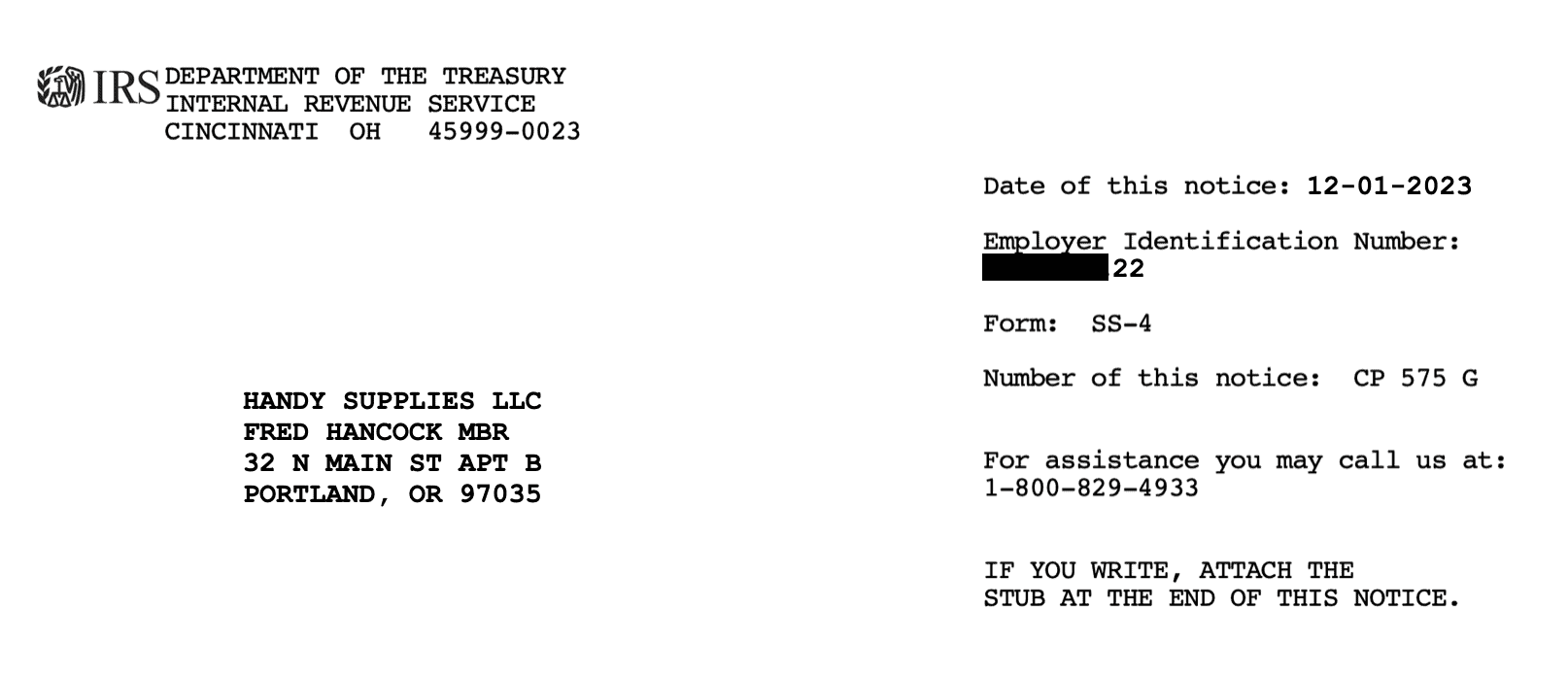 MBR IRS EIN Confirmation Letter CP 575