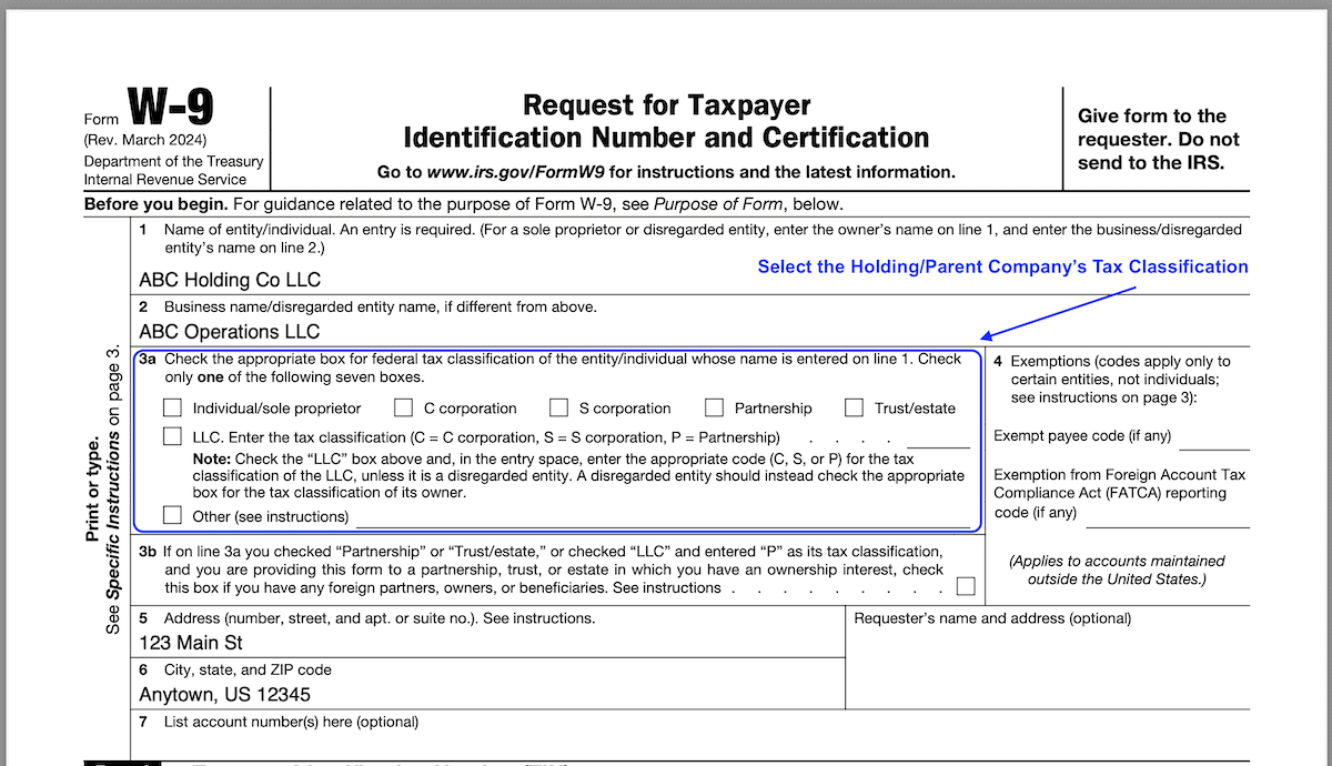 Example of Form W9 for LLC owned by another LLC