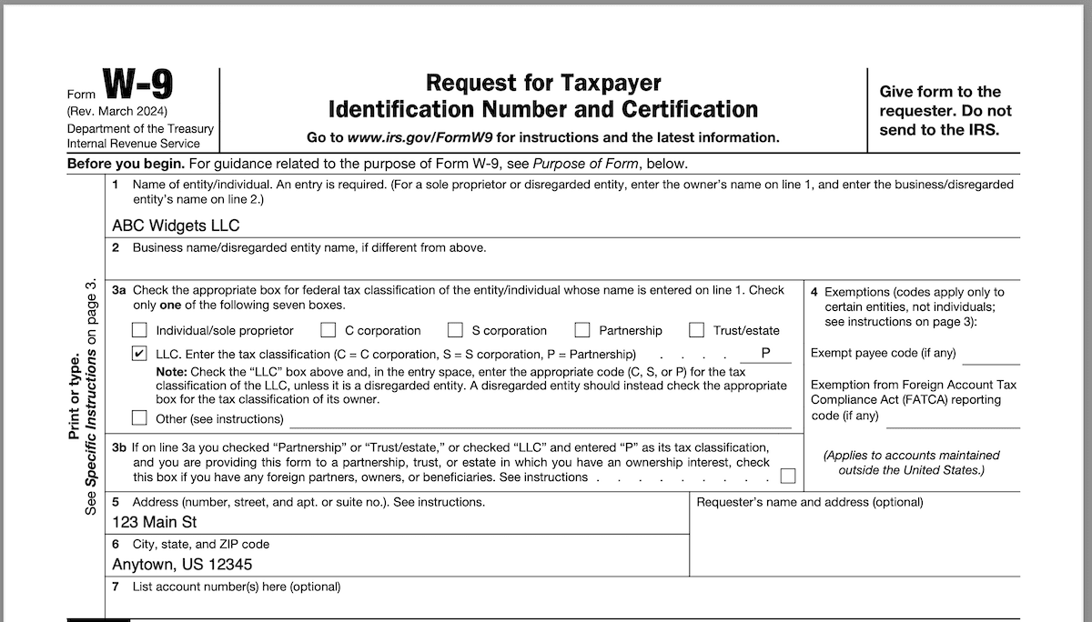 Example of Form W9 for Multi-Member LLC