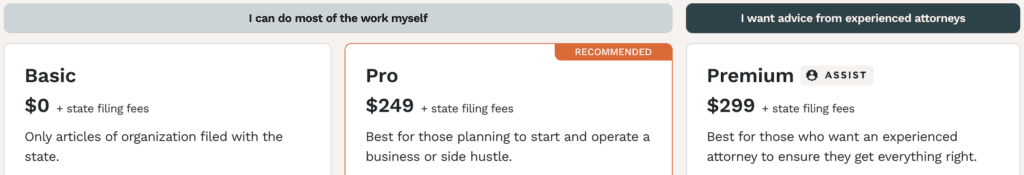 LegalZoom LLC Formation Packages with pricing