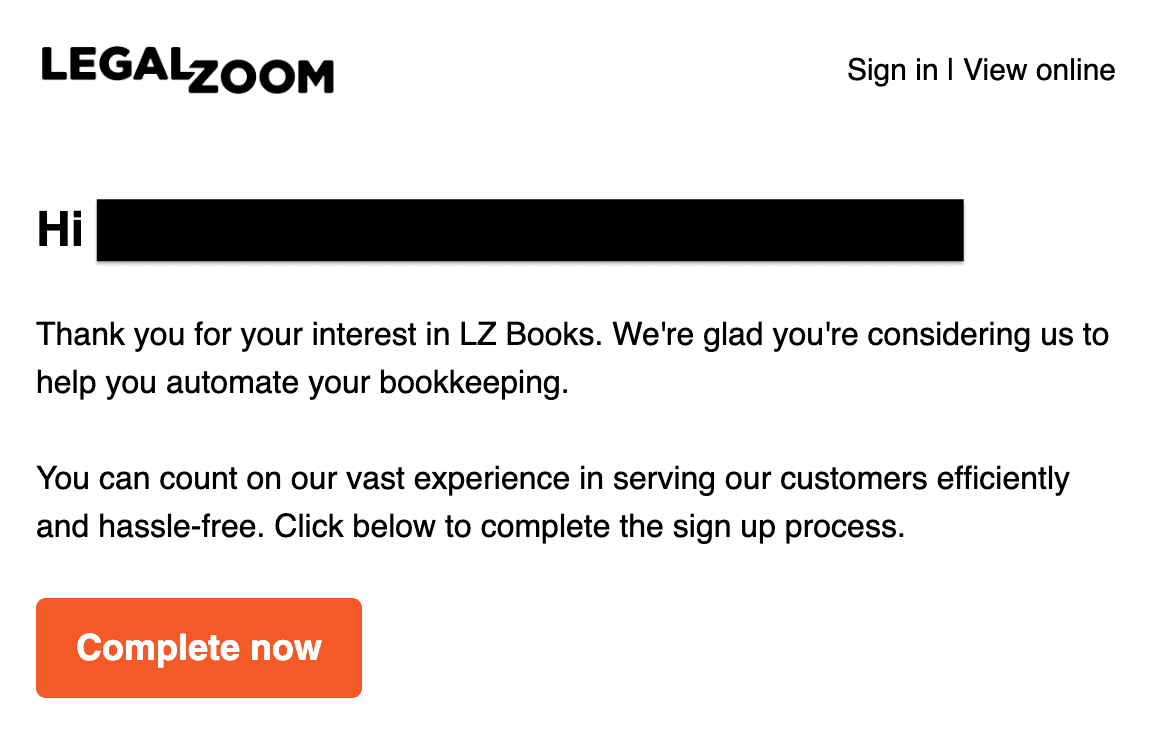 LegalZoom upsells for bookkeeping via email