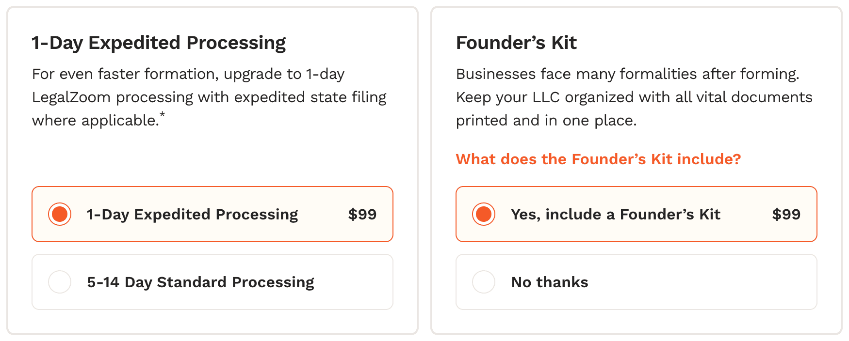 LegalZoom's upsells include expedited processing, and a separate founder's kit