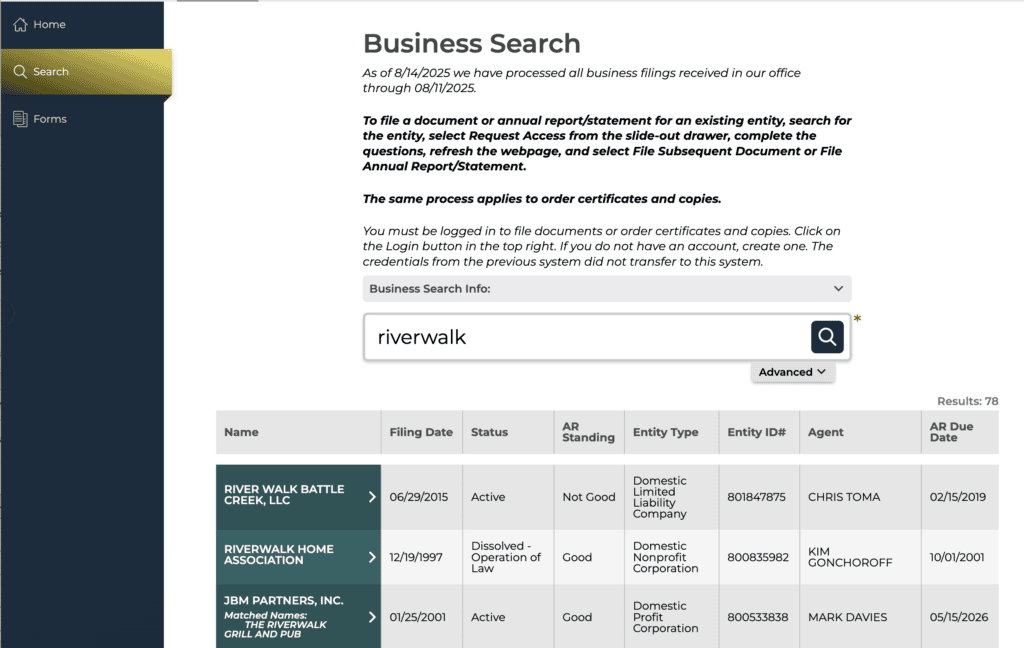 The Michigan LARA business search tool shows results for the search term riverwalk.