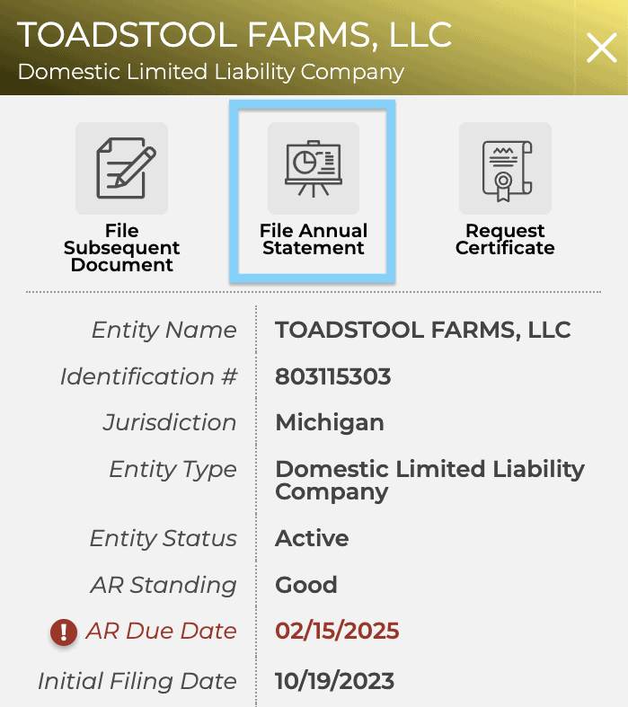 Michigan LARA screenshot with a blue rectangle around the words File Annual Statement and its associated icon. This link will open your Annual Statement filing.