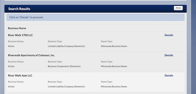 Screenshot of sample results from the Minnesota Business Entity Search