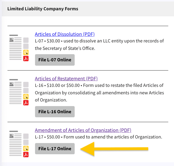 A yellow arrow points to a button labeled, File L 17 Online. Clicking this button directs you to the online filing system for the LLC Amendment of Articles of Organization.