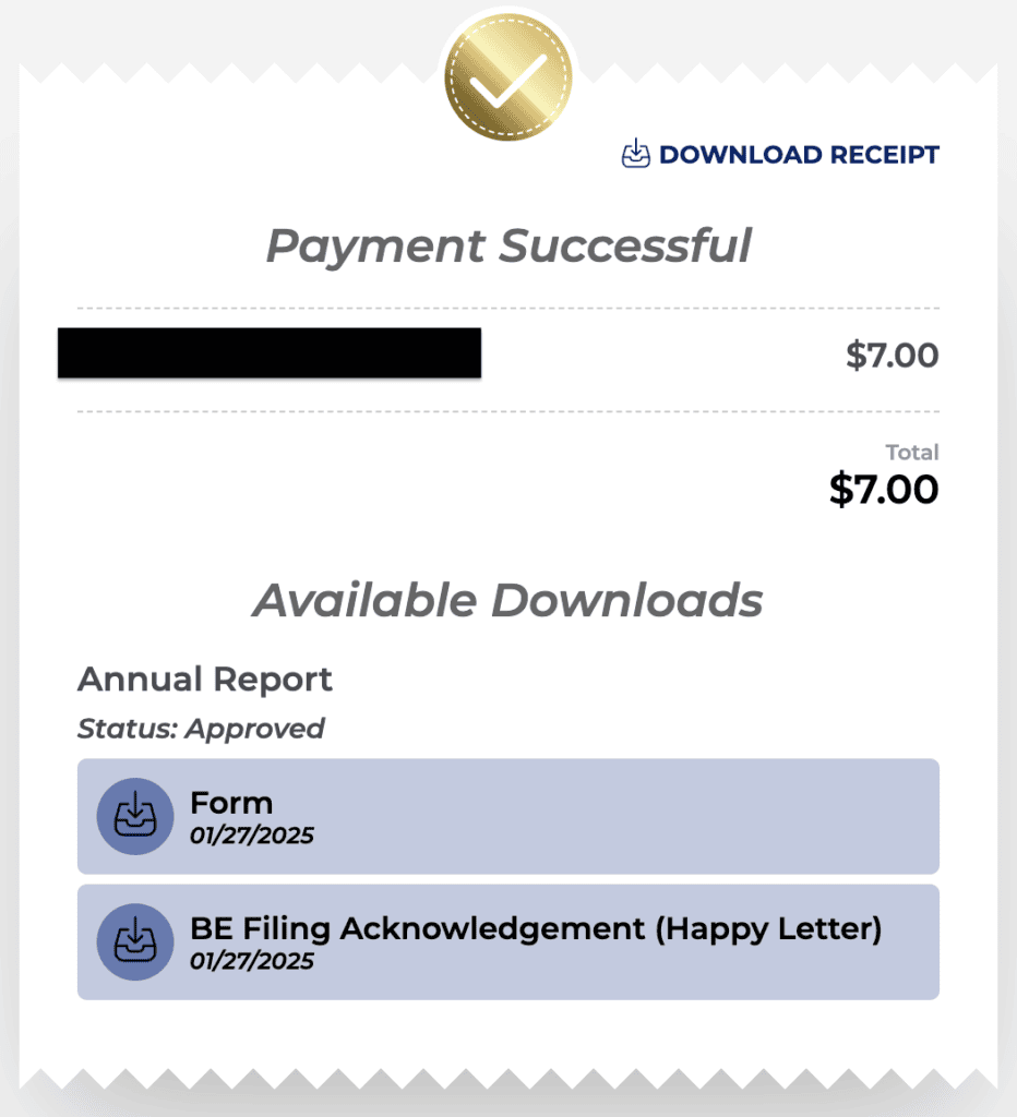 A payment success page shows the Annual Report filing fee and 2 documents available for download (a copy of the filed form, and an acknowledgement letter from the state).