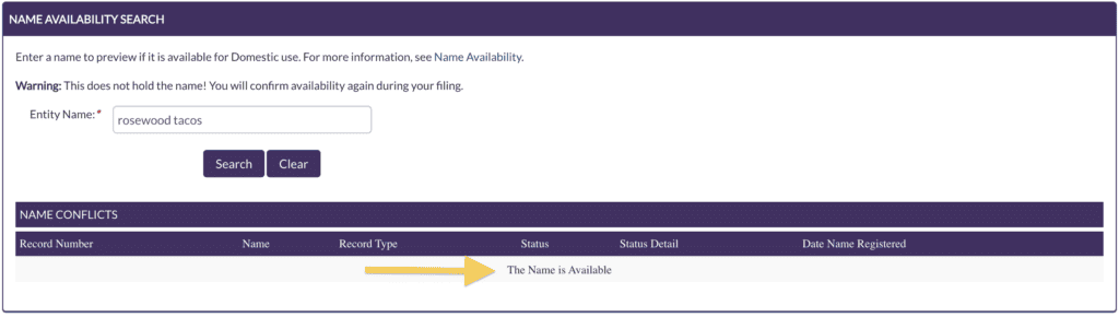 A yellow arrow points to text stating, The Name is Available, at the bottom of a Utah Name Availability Search results page.