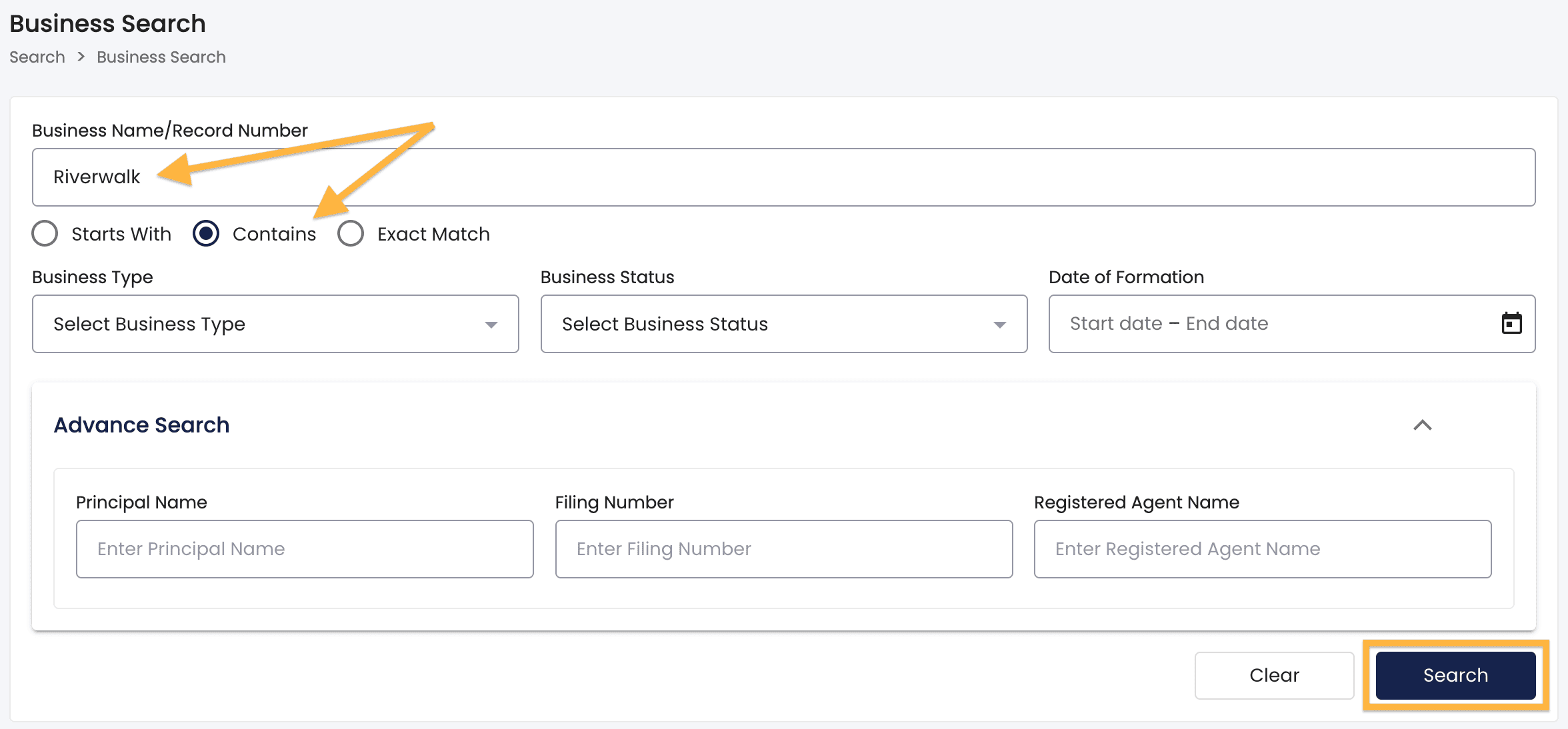Two orange arrows point to the term Riverwalk in the Business name search box and to the radio button labeled Contains. An orange rectangle surrounds the Search button.