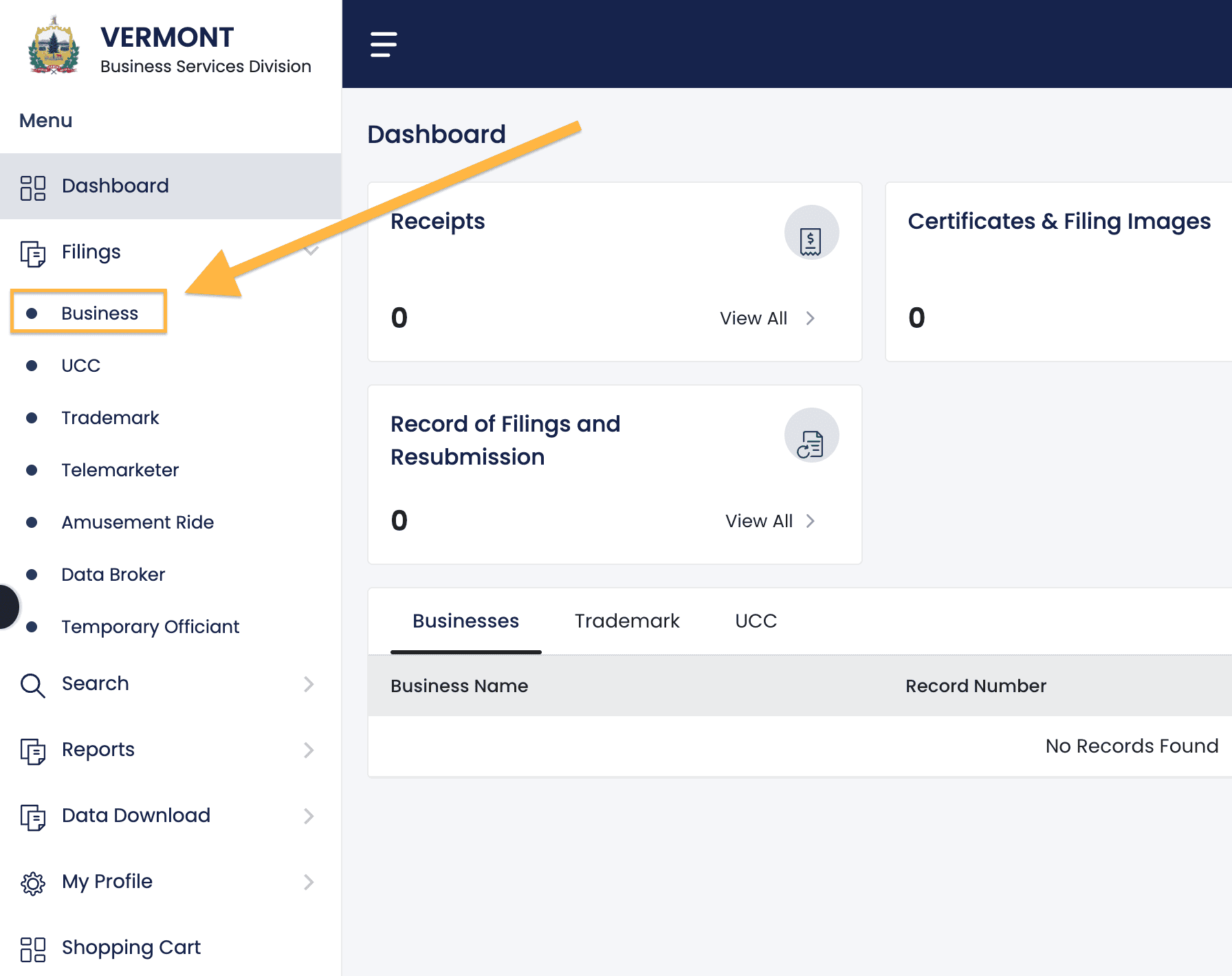 In the Vermont Business Filings Dashboard, an orange arrow points to an orange rectangle that surrounds the word Business.